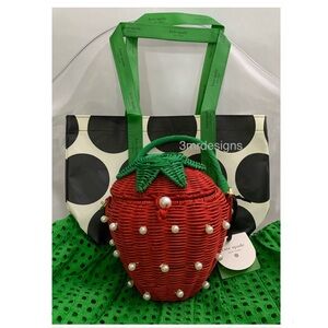 NWT Kate Spade ♠️ Target Pearl Embellished Wicker Strawberry Bag+1 Gift Tote Bag